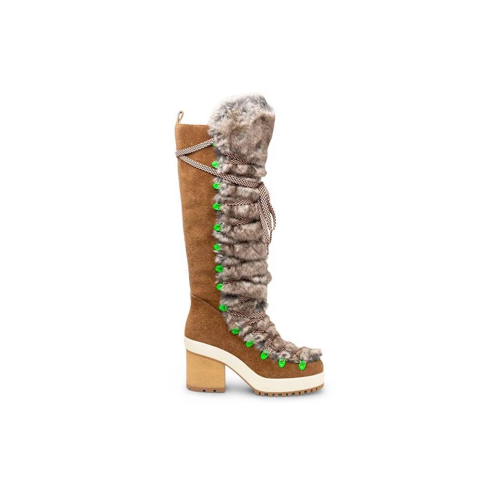 NEW HOGAN women's fur-trimmed lace-up knee-high boots in brown